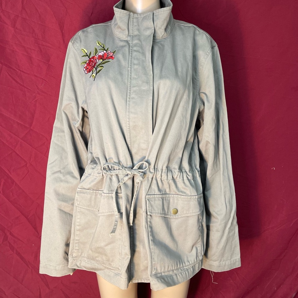 Loft Green Canvas Zip Snap Drawstring Chore Jacket XL with Rose Embroidery